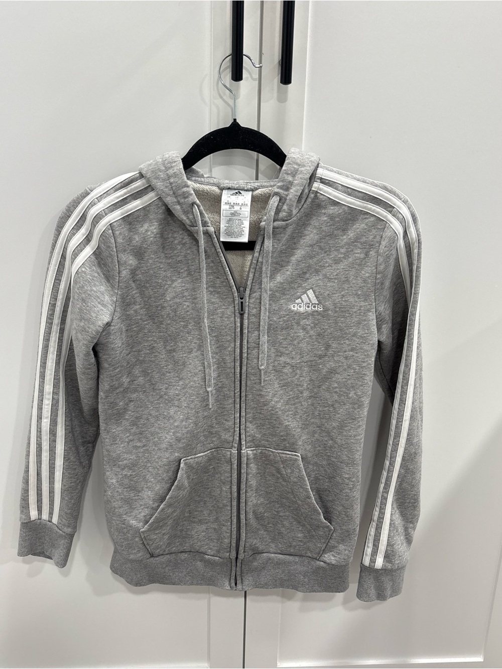 adidas Light Gray Full-Zip Hooded Sweatshirt with White Stripes
